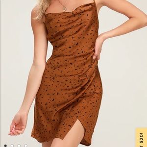 Dog print asymmetrical dress burnt orange/brown color